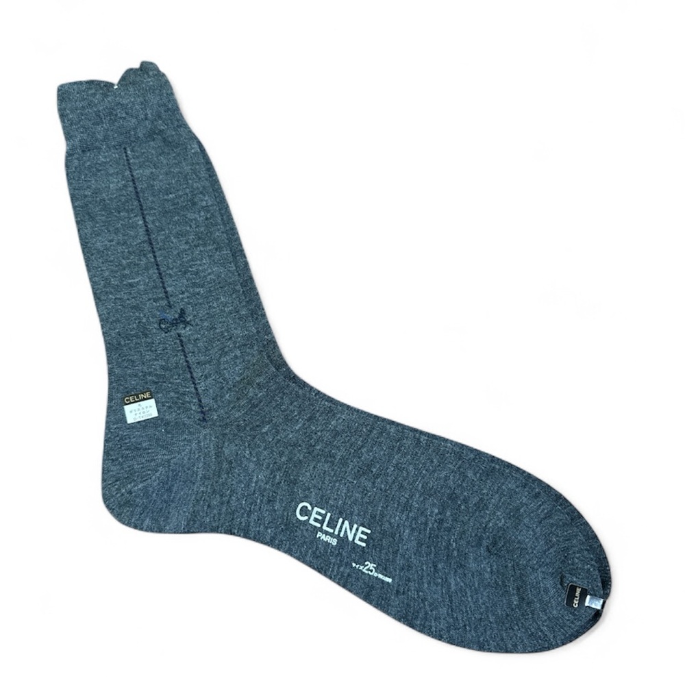 NWT Celine‎ Men’s Vintage Wool Blend Tall Dress Socks In Dark Gray Horse Logo